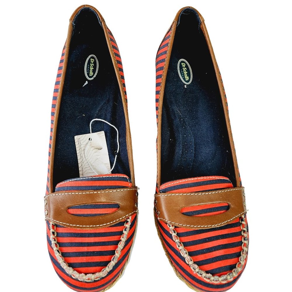 Dr. Scholl's Brilliant Red & Blue Striped Leather Fabric Wedges Shoes 8.5M - Picture 6 of 8